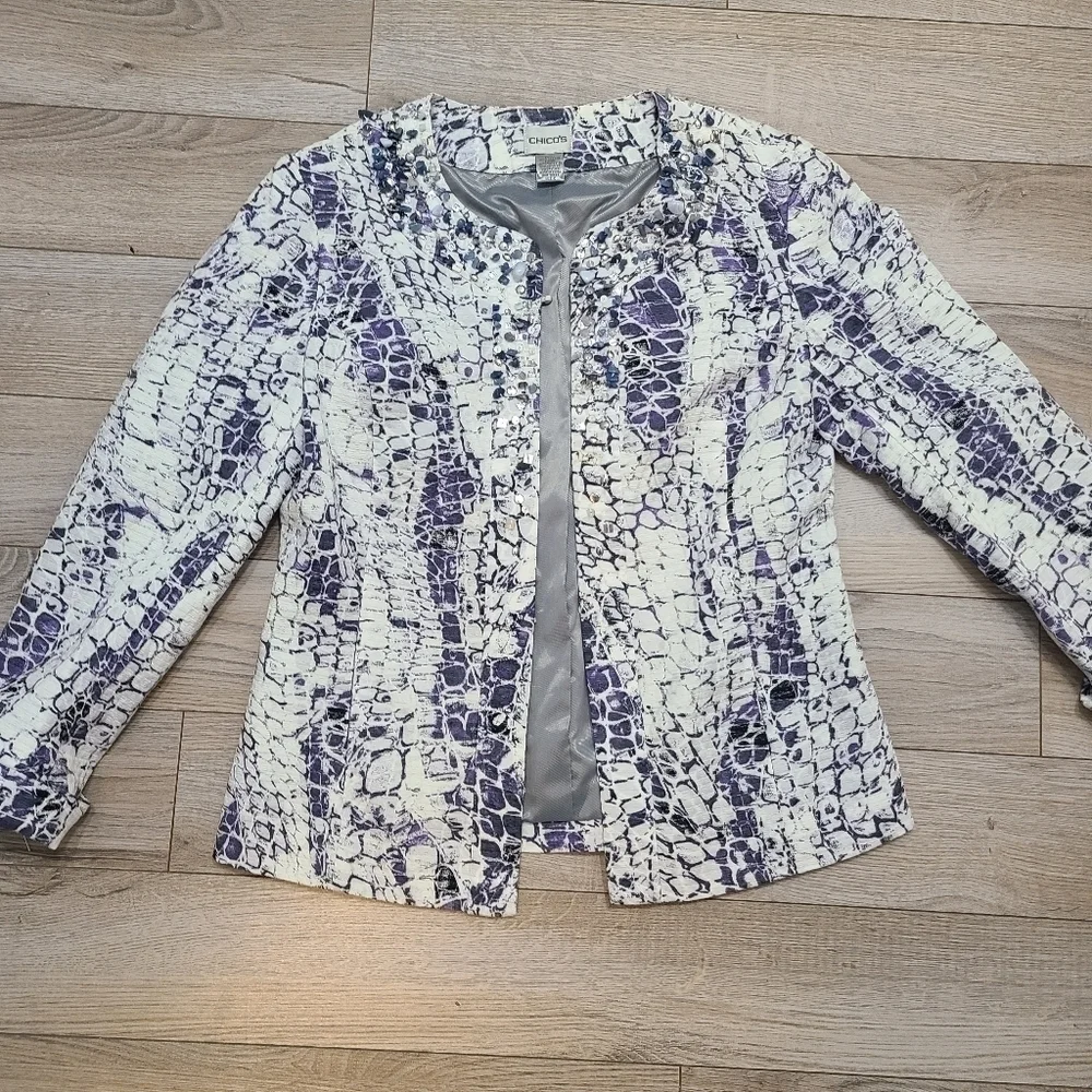 Chicos Jacket 0 Small Purple Gray Blazer Gem Embellished Snake Print Lined Women